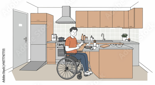 Man in wheelchair cooking. Accessible kitchen design ensures comfort and independence, promoting inclusivity. Disabled man preparing food in accessible kitchen,