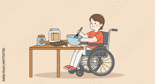 Boy in wheelchair enjoys baking cookies beside table, cheerfully mixing ingredients in bowl. Baking cookies provides feeling of inclusion and joy for child.