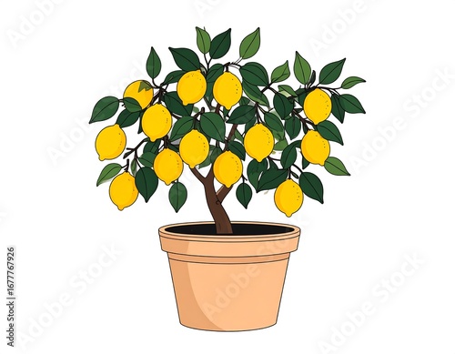 A cartoon lemon tree in a terracotta pot