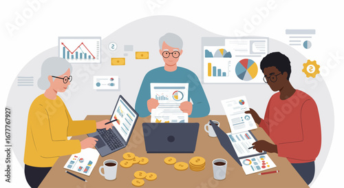 Diverse team analyzes data, reviewing statistical charts and graphs at meeting. Team analyzes data and presents financial reports, developing solutions for successful company strategy.