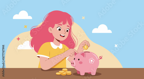 Young girl saving money with piggy bank, child thoughtfully putting coin into her piggy bank for future. Saving money is important concept for secure financial planning.