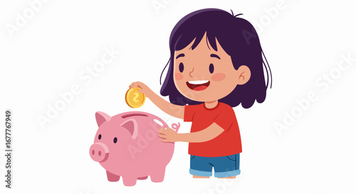 Girl saving money by putting coin into piggy bank. Saving money for future spending shows kid's financial literacy.