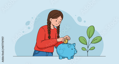 Girl saving money, putting coin in piggy bank for financial growth and future investment. Financial growth includes personal budget management, child saving for education.
