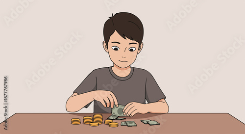 Boy counting money with stacks of coins and dollar bills on wooden table. Boy counting money attentively manages financial resources, planning his savings and future investments.