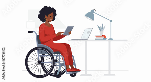 Inclusive workplace shows woman in wheelchair using tablet at desk in office. Inclusive workplace setting includes computer, lamp, and books on white table, promoting accessibility and equality.