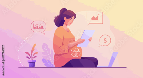 Pregnant woman sits cross legged reading document with laptop, analyzing financial charts, dollar symbol, concept pregnant woman working. Pregnant woman is planning budget for future family,