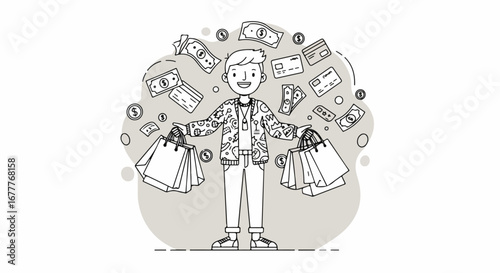 Happy shopper with shopping bags and falling currency illustrates shopping bliss. Positive shopper poses confidently with bags and financial symbols illustrating financial freedom.