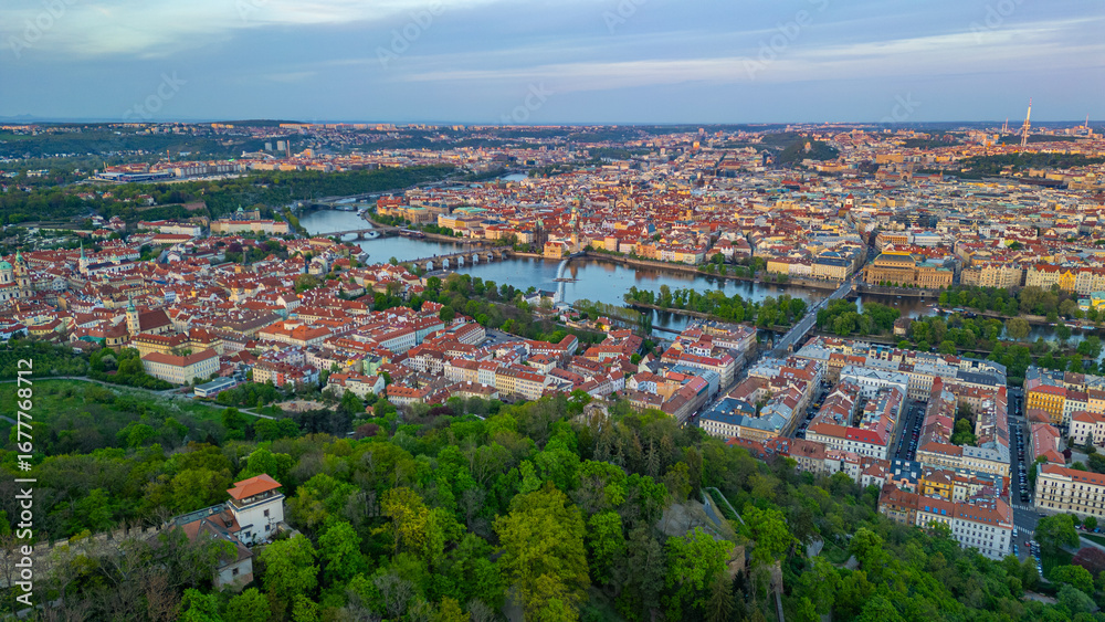 Obraz premium Sunset panorama view of Prague from Petrin hill, Czech republic