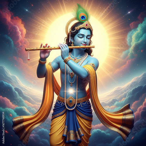 3D render of Lord Krishna playing flute with peacock feather, vibrant artistic pose.