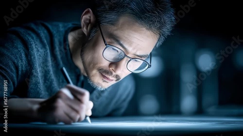 Asian Man Focuses on Hand-Drawing Paper Details