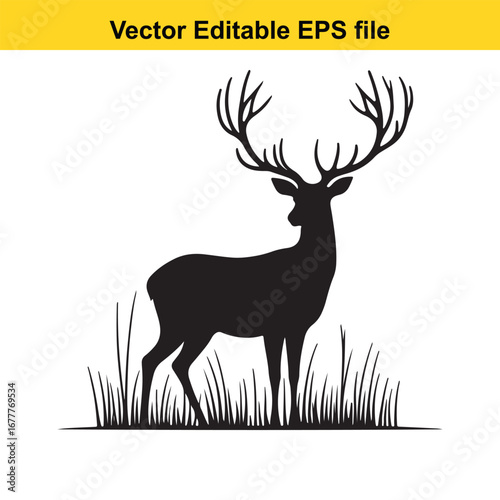 A whitetail silhouette of a majestic stag with large antlers standing in grass, isolated on white background