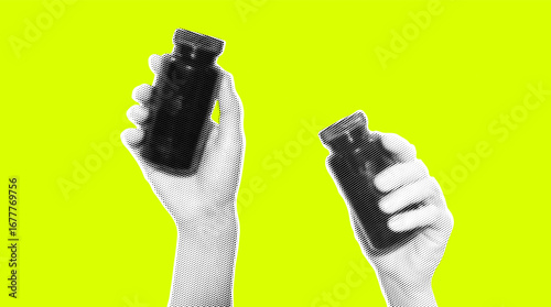 Two hands holding black bottles in halftone effect. Minimalist black and white graphic design for posters and print materials