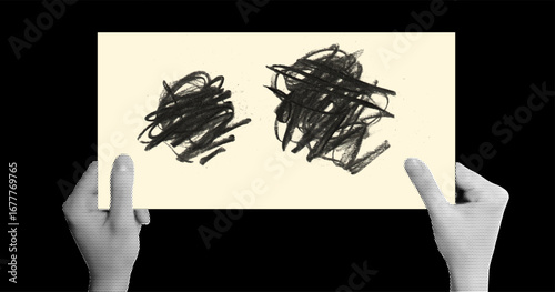 Abstract Charcoal Scribble Artwork Held by Hands Symbolizing Anxiety, Confusion, and Emotional Struggle