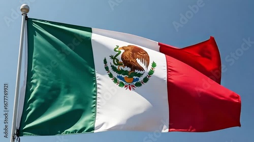Vibrant national flag gently waving against a clear blue sky, symbolizing pride and patriotism.