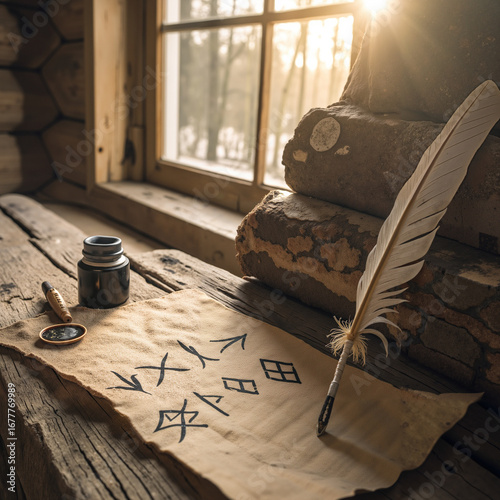 North American Indigenous A weathered parchment with Cherokee syllabary letters carved in oak bark, next to a quill and inkpot. Sunlight streaming through a cabin window, vintage sepia tones