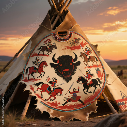North American Indigenous A buffalo hide parfleche painted with battle scenes Lakota warriors on horseback encircling U.S. cavalry..