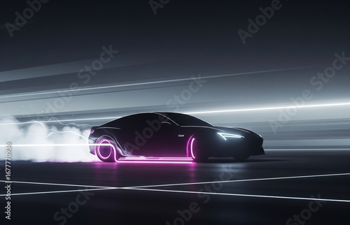 A high-tech sports car emits bright neon lights while drifting on a sleek track. The scene captures motion with smoke and illuminated lines, creating a dynamic nighttime atmosphere