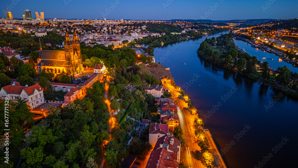 Fototapeta premium Sunset aerial view of Saints Peter and Paul Basilica at vysehrad