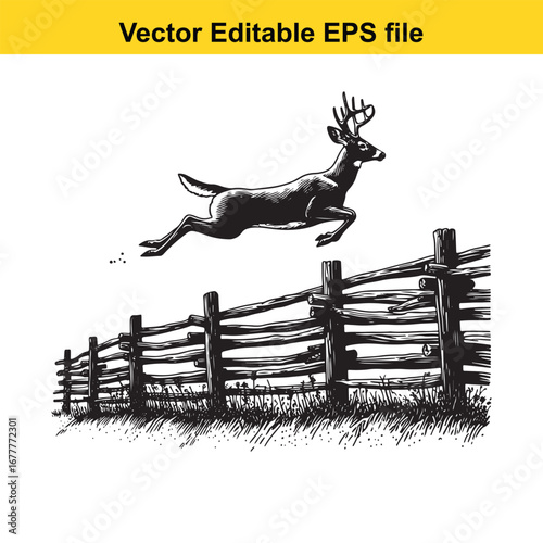 A whitetail deer jumping over a rustic wooden fence in a meadow