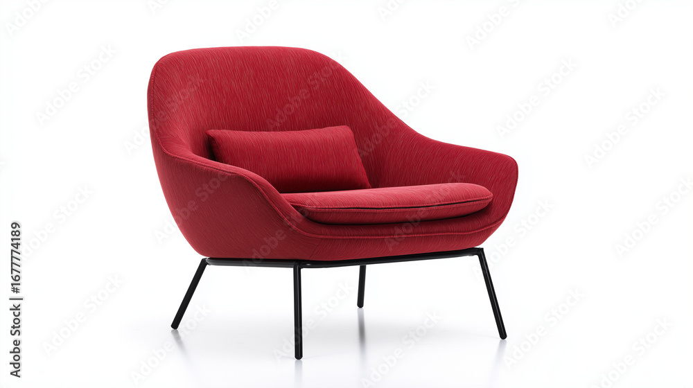 Obraz premium A modern red fabric lounge chair with a cushion and sleek metal legs, offering stylish comfort, contemporary design, and a bold interior accent.