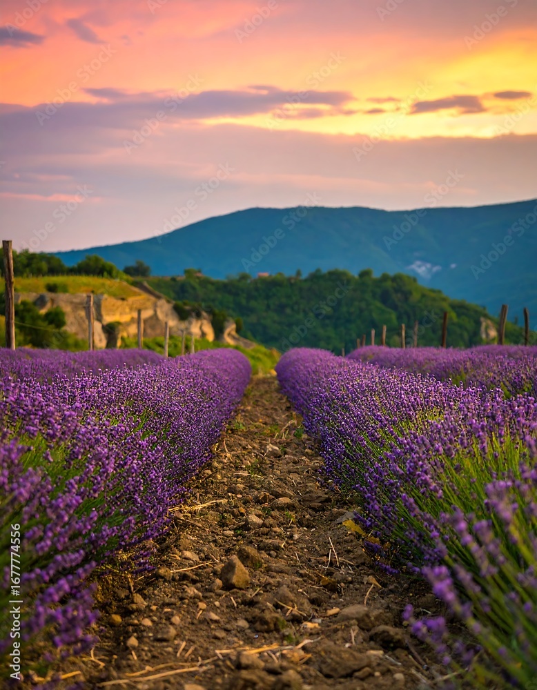 Naklejka premium Lavender field at sunset (1)