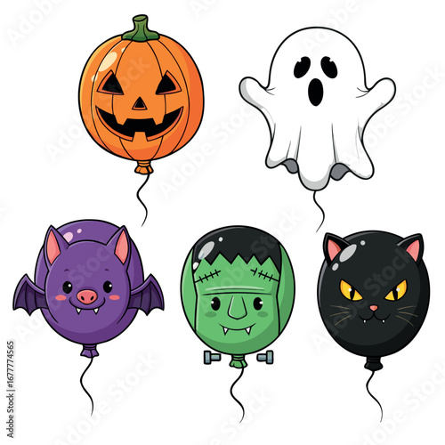 Fun Halloween Balloon Set With Creepy Characters Pumpkin Ghost Bat Frankenstein And Cat Design