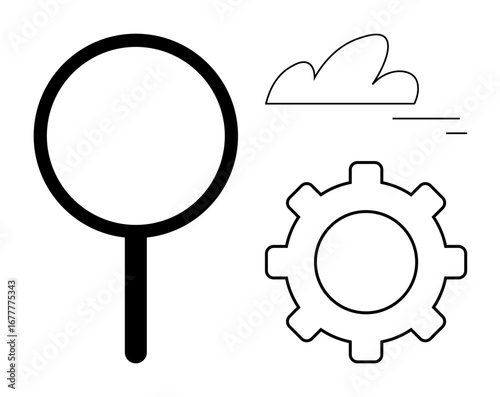 Magnifying glass, cloud, and gear representing search, connectivity, and technological innovation. Ideal for data analysis, productivity tools, tech solutions, cloud computing digital