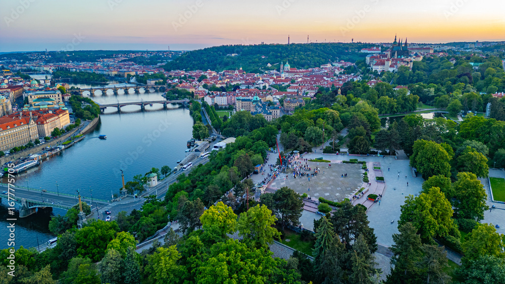 Fototapeta premium Sunset panorama view of Metronom in Prague, Czech republic
