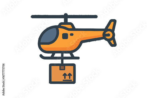 Helicóptero laranja transportando uma caixa de papelão com setas para cima