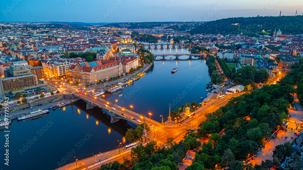 Fototapeta premium Sunset over Vltava river viewed from Letna in Prague, Czech repu