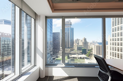 Executive corner office with expansive panoramic windows on two sides, providing a commanding, breathtaking view of the sprawling cityscape below.