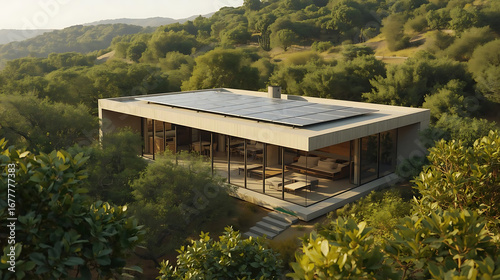 A modern  minimalist house with a flat roof covered in solar panels  nestled among lush green trees and foliage.