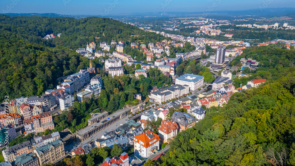 Fototapeta premium panorama view of Tepla river and Thermal hotel in karlovy Vary,