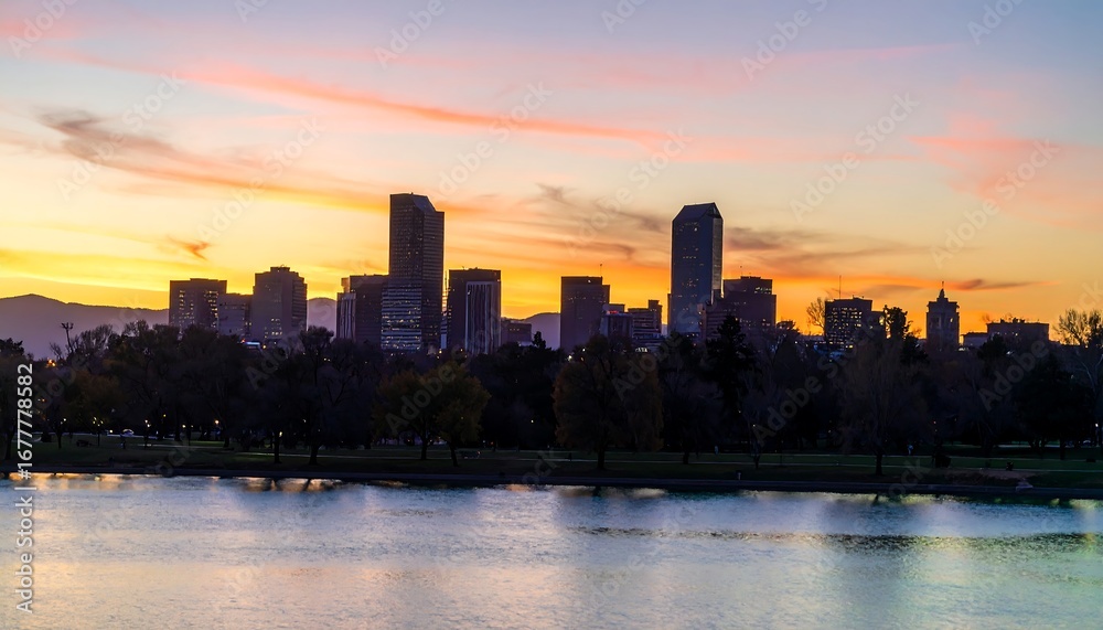 Obraz premium City skyline at colorful sunrise