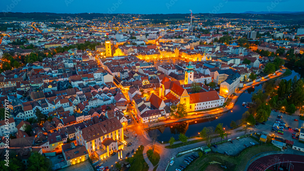 Fototapeta premium Sunset panorama of the main square in Ceske Budejovice, Czech re