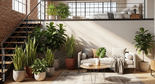 Modern Loft Apartment Interior with Plants.