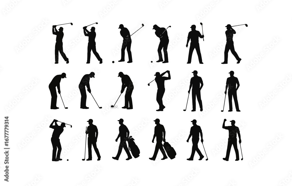 Fototapeta premium Golf silhouettes: dynamic poses of golfers in action
