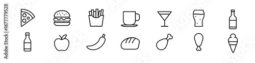 Simple outline icons of popular foods and drinks: pizza, burger, fries, coffee, cocktails, and more