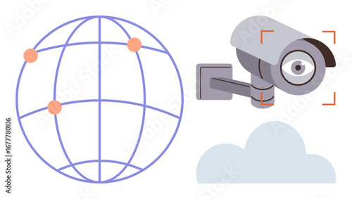 Globe interconnected with orange dots visualizing global network, security camera monitoring area, and cloud. Ideal for cybersecurity, AI ethics, data privacy, surveillance, global communication