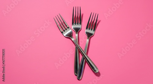 Three elegant silver forks arranged symmetrically on a vibrant pink backdrop creating a modern