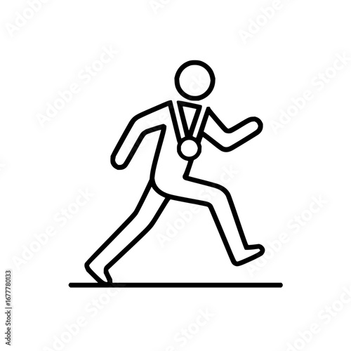 Running athlete winning marathon race with gold medal achievement in sports competition line art vector icon