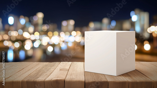 A blank white product box mockup placed on a wooden surface, ideal for branding, packaging design, and clean product presentation.