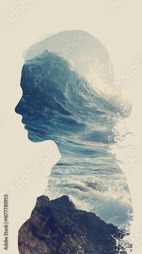 Wallpaper Mural Side profile of woman with ocean waves crashing background, surreal nature portrait Torontodigital.ca