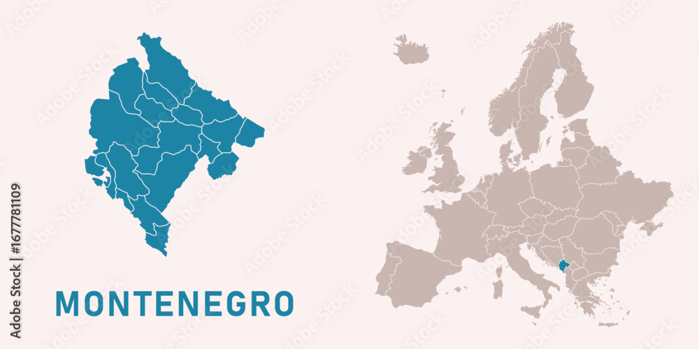 Fototapeta premium Map of Montenegro with administrative divisions and highlighted position on Europe map. Isolated on white background. Vector illustration.