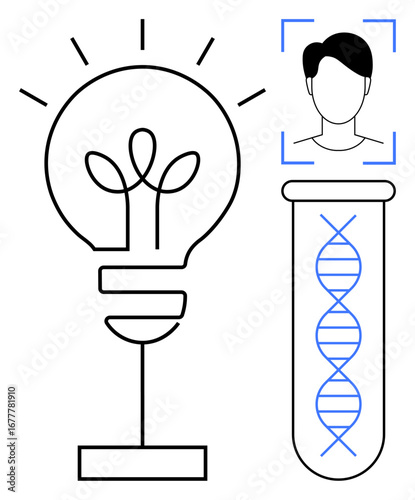 Lightbulb representing ideas, DNA inside test tube for genetics, and face recognition outline. Ideal for innovation, genetics, research, biometric tech, creativity, AI and identity themes