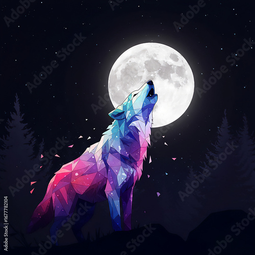Wolf howling at the moon, body fragmented into polygonal shapes filled with watercolor gradients