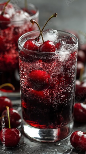 Wallpaper Mural Sparkling cherry soda with ice cubes and whole cherries, refreshing summer drink close-up Torontodigital.ca