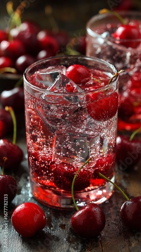Wallpaper Mural Sparkling cherry soda with ice cubes and whole cherries, refreshing summer drink close-up Torontodigital.ca