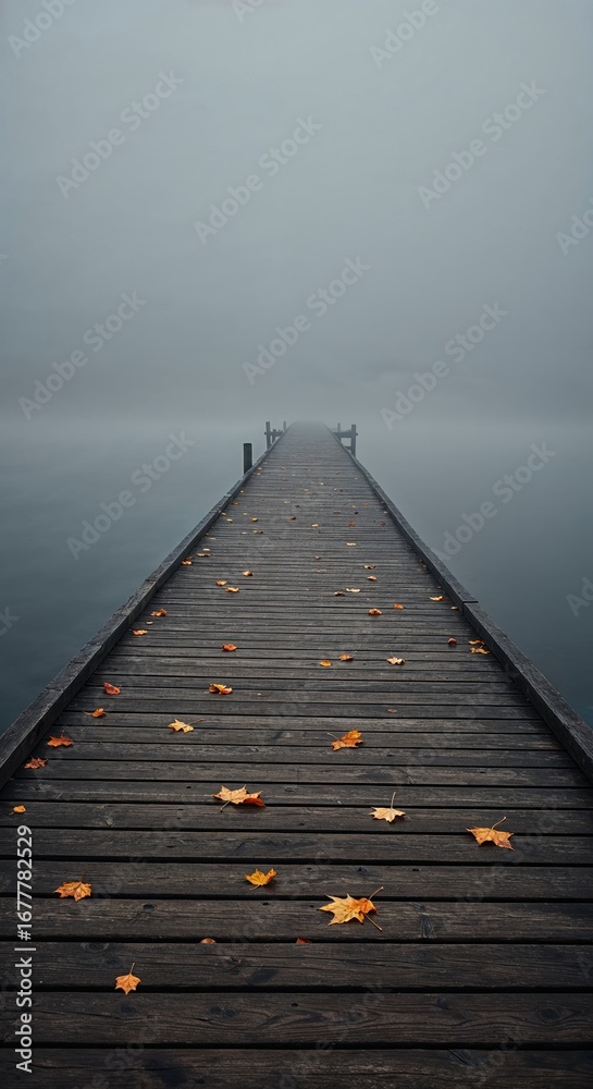 Obraz premium A long wooden pier, adorned with scattered vibrant autumn leaves, stretches into a thick, atmospheric fog over tranquil, dark water beneath a muted, overcast sky.