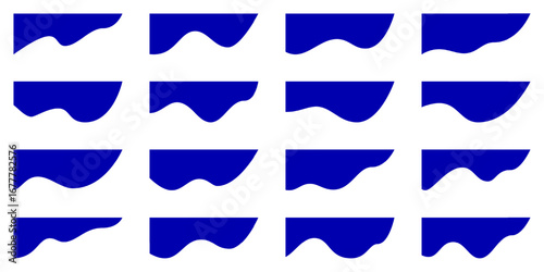 Wavy shape header design. Abstract banner border, curve website separator. Bottom wave line divider, page frame template. Web section graphic top element, simple blue modern layout. Corner white bg